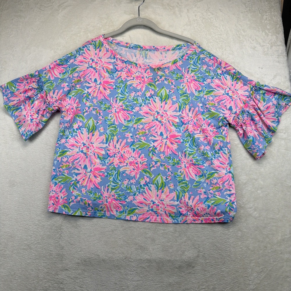 Lilly Pulitzer Women's XL Blue Pink Tropical Floral Bell Sleeve Top Blouse